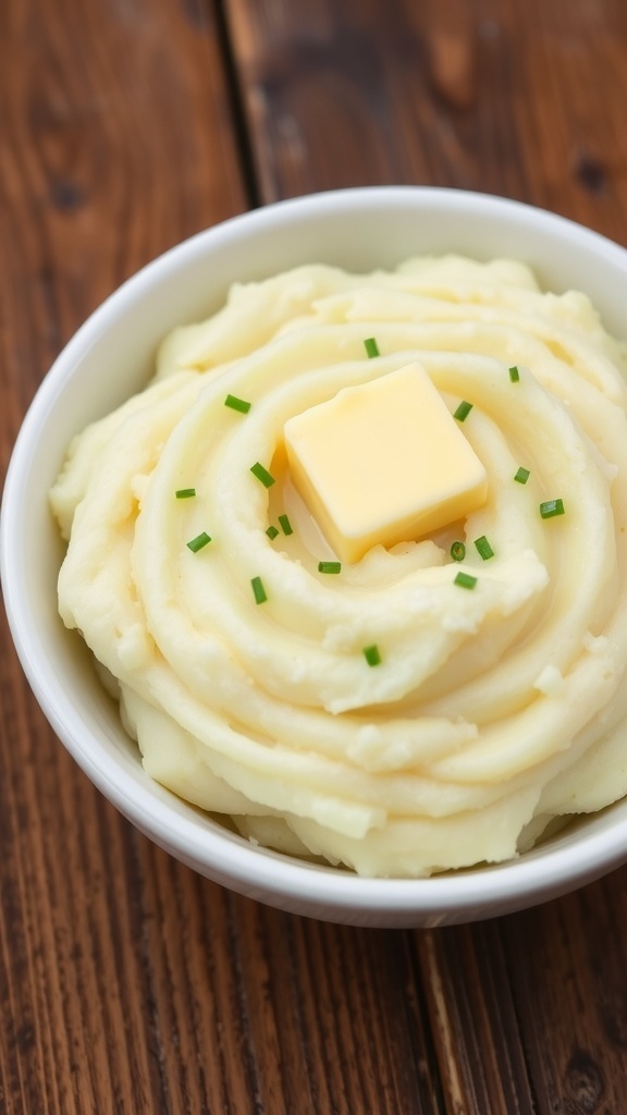 A bowl of creamy mashed potatoes topped with butter and chives on a rustic table.